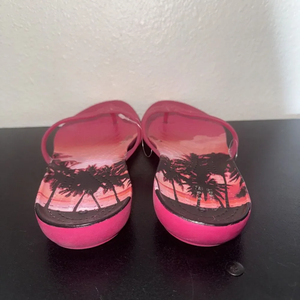Crocs Isabella 204196 Jelly Pink Black Palm Trees Flip Flops Womens SIZE 10